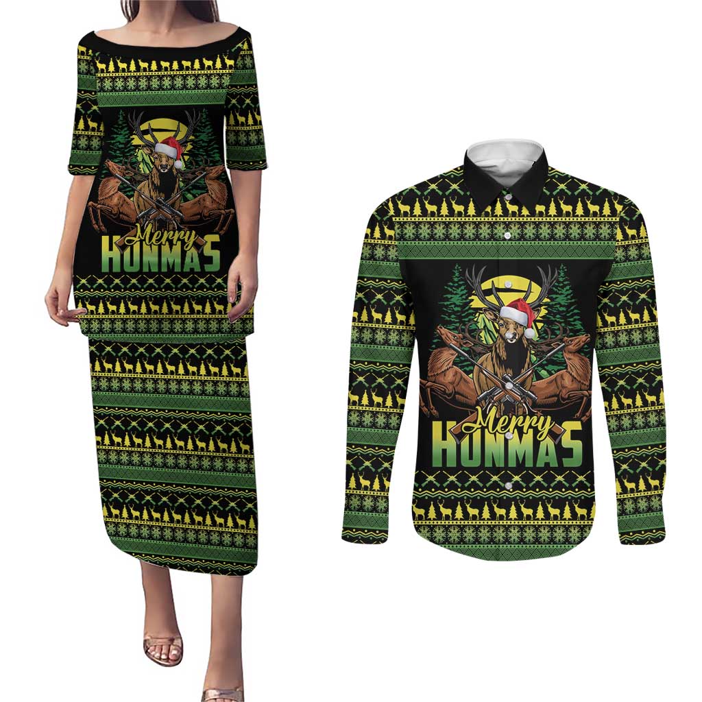 Merry Hunmas Couples Matching Puletasi and Long Sleeve Button Shirt Hunter Deer Santa Hat - Wonder Print Shop