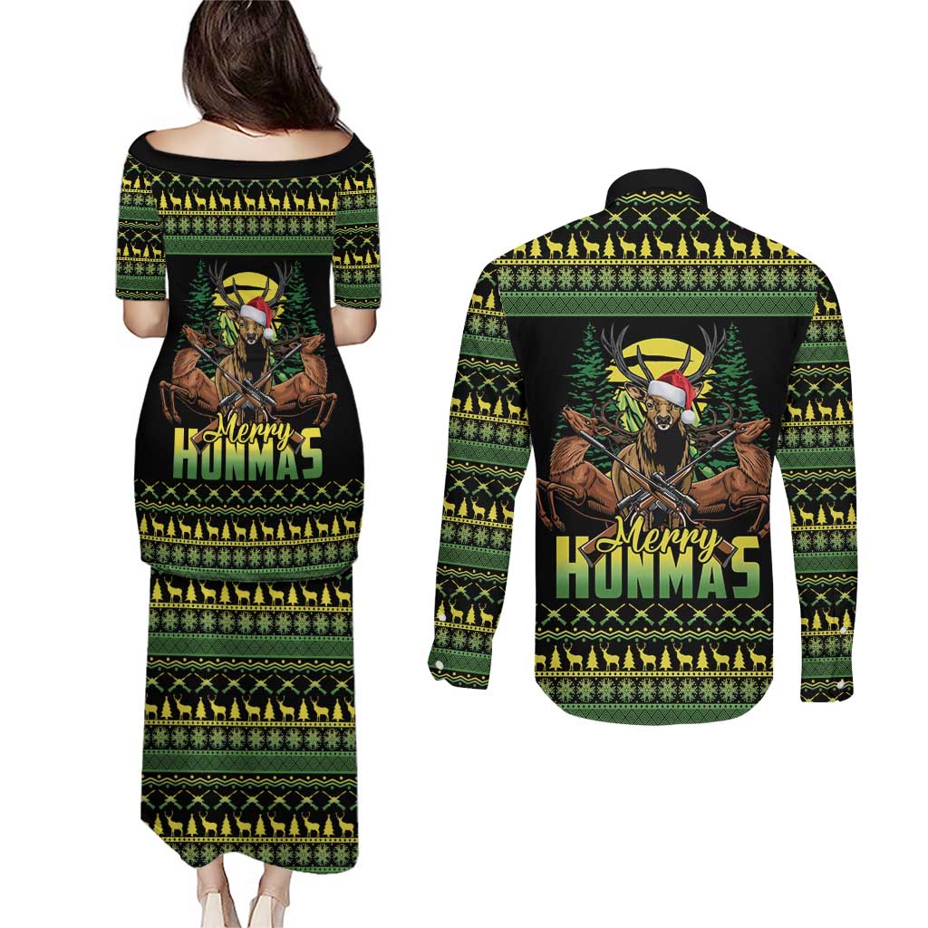 Merry Hunmas Couples Matching Puletasi and Long Sleeve Button Shirt Hunter Deer Santa Hat - Wonder Print Shop
