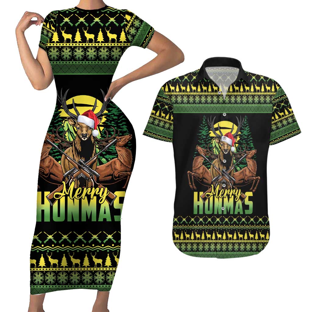 Merry Hunmas Couples Matching Short Sleeve Bodycon Dress and Hawaiian Shirt Hunter Deer Santa Hat - Wonder Print Shop