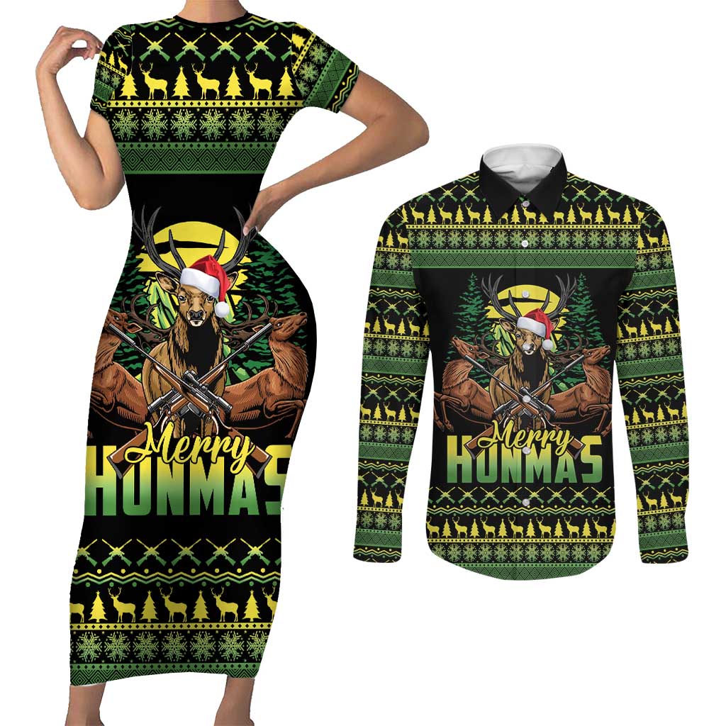 Merry Hunmas Couples Matching Short Sleeve Bodycon Dress and Long Sleeve Button Shirt Hunter Deer Santa Hat - Wonder Print Shop