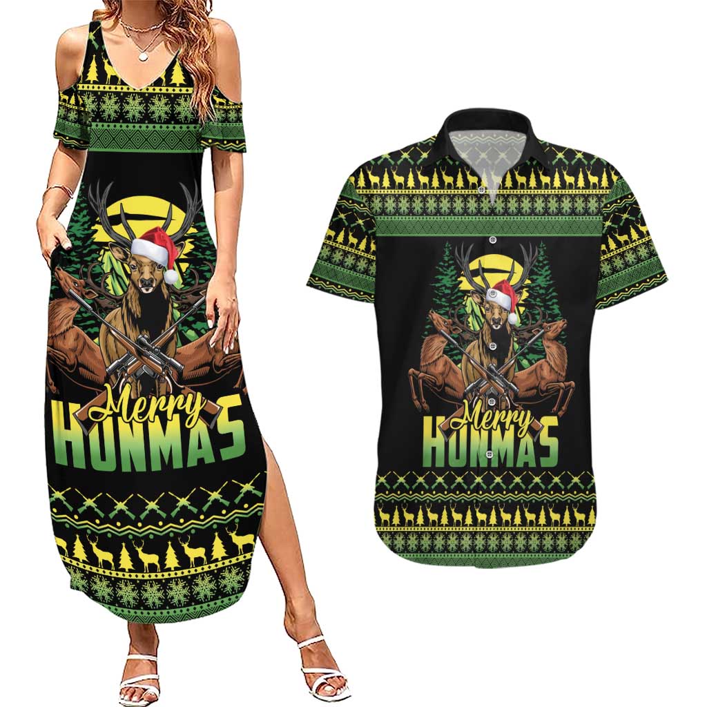 Merry Hunmas Couples Matching Summer Maxi Dress and Hawaiian Shirt Hunter Deer Santa Hat - Wonder Print Shop
