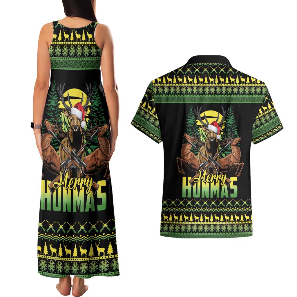 Merry Hunmas Couples Matching Tank Maxi Dress and Hawaiian Shirt Hunter Deer Santa Hat - Wonder Print Shop