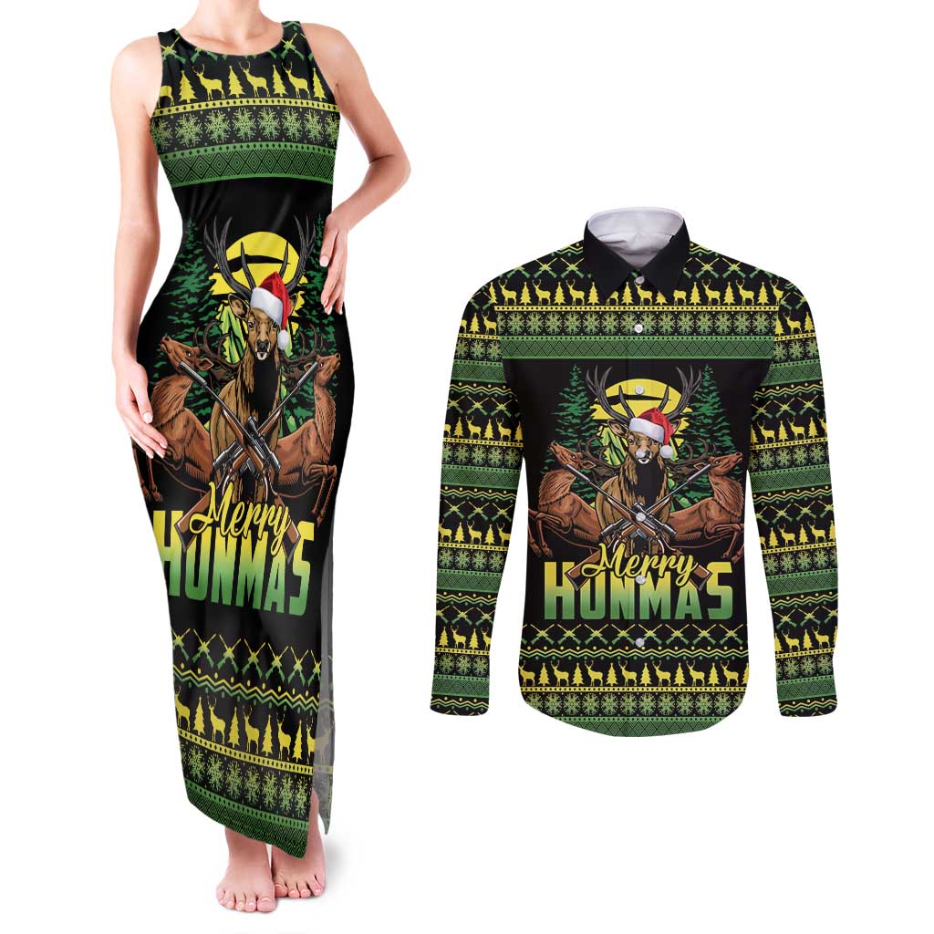 Merry Hunmas Couples Matching Tank Maxi Dress and Long Sleeve Button Shirt Hunter Deer Santa Hat - Wonder Print Shop