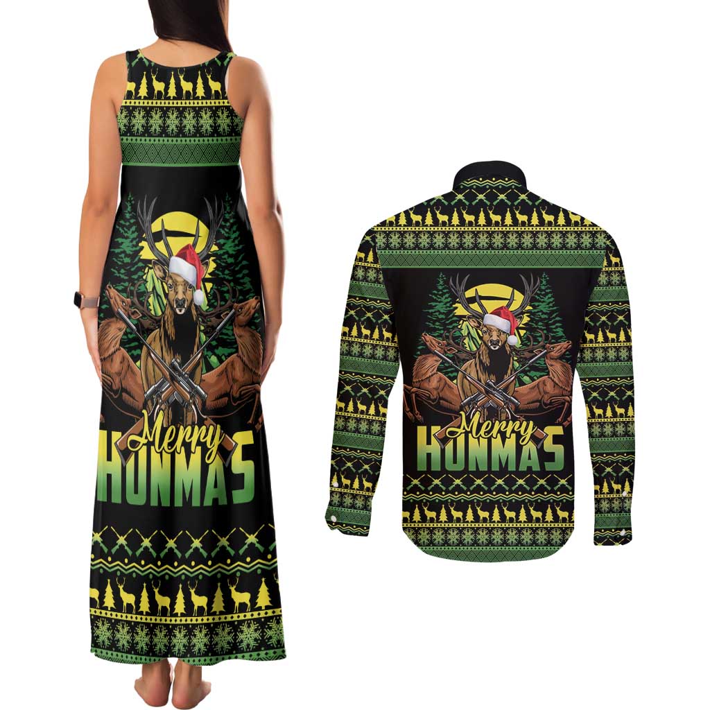 Merry Hunmas Couples Matching Tank Maxi Dress and Long Sleeve Button Shirt Hunter Deer Santa Hat - Wonder Print Shop