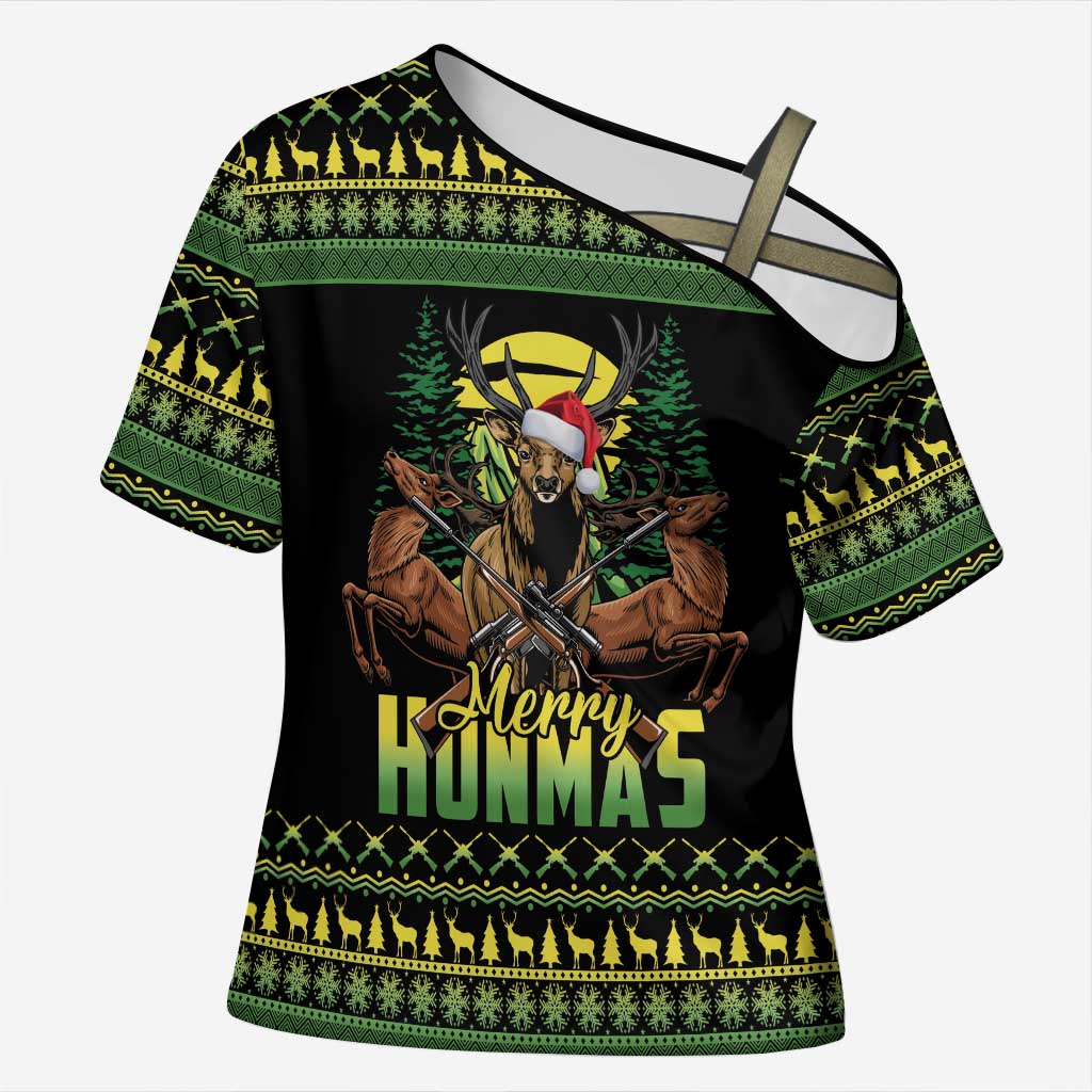 Merry Hunmas Cross Shoulder Shirt Hunter Deer Santa Hat - Wonder Print Shop