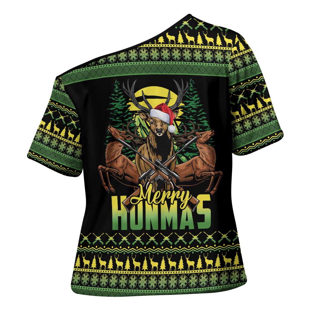 Merry Hunmas Cross Shoulder Shirt Hunter Deer Santa Hat - Wonder Print Shop