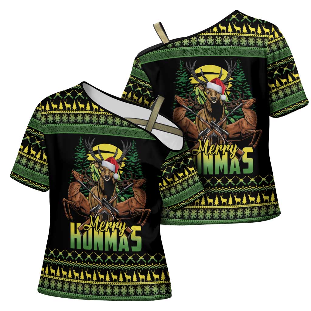Merry Hunmas Cross Shoulder Shirt Hunter Deer Santa Hat - Wonder Print Shop
