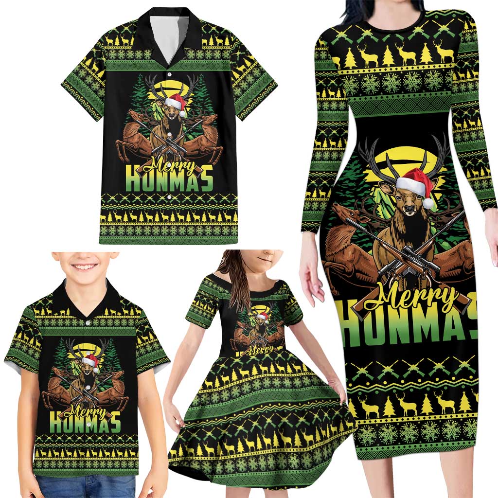 Merry Hunmas Family Matching Long Sleeve Bodycon Dress and Hawaiian Shirt Hunter Deer Santa Hat - Wonder Print Shop