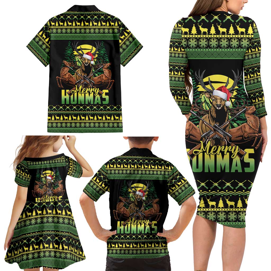 Merry Hunmas Family Matching Long Sleeve Bodycon Dress and Hawaiian Shirt Hunter Deer Santa Hat - Wonder Print Shop
