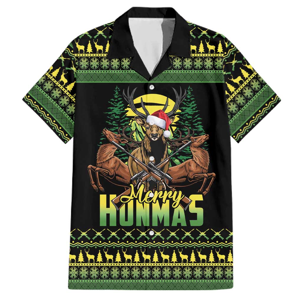 Merry Hunmas Family Matching Long Sleeve Bodycon Dress and Hawaiian Shirt Hunter Deer Santa Hat - Wonder Print Shop