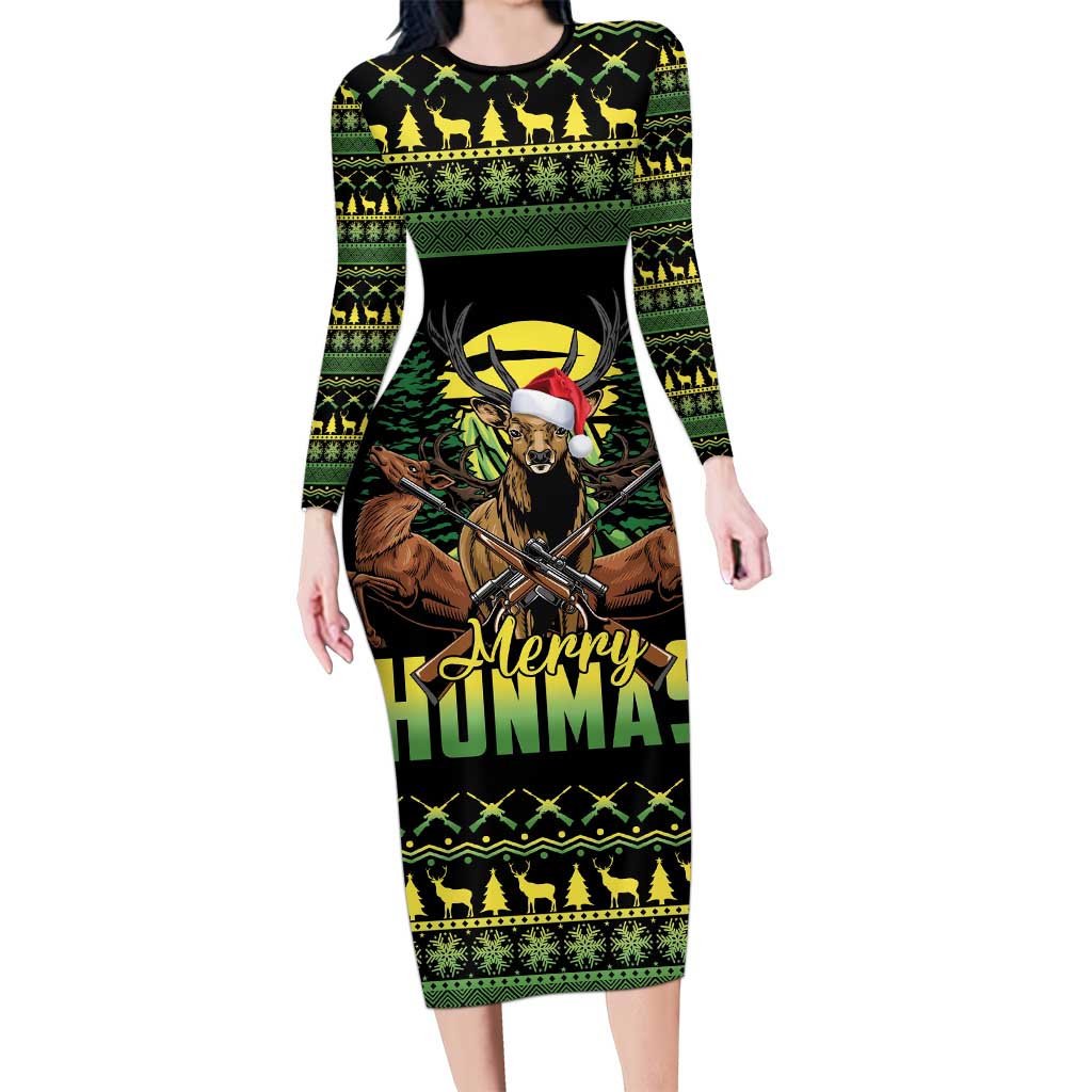 Merry Hunmas Family Matching Long Sleeve Bodycon Dress and Hawaiian Shirt Hunter Deer Santa Hat - Wonder Print Shop