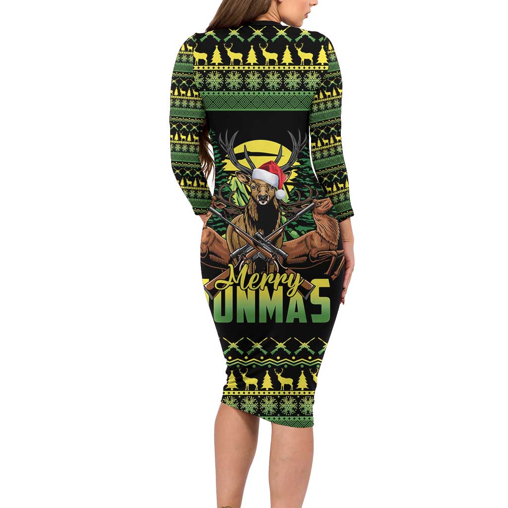 Merry Hunmas Family Matching Long Sleeve Bodycon Dress and Hawaiian Shirt Hunter Deer Santa Hat - Wonder Print Shop