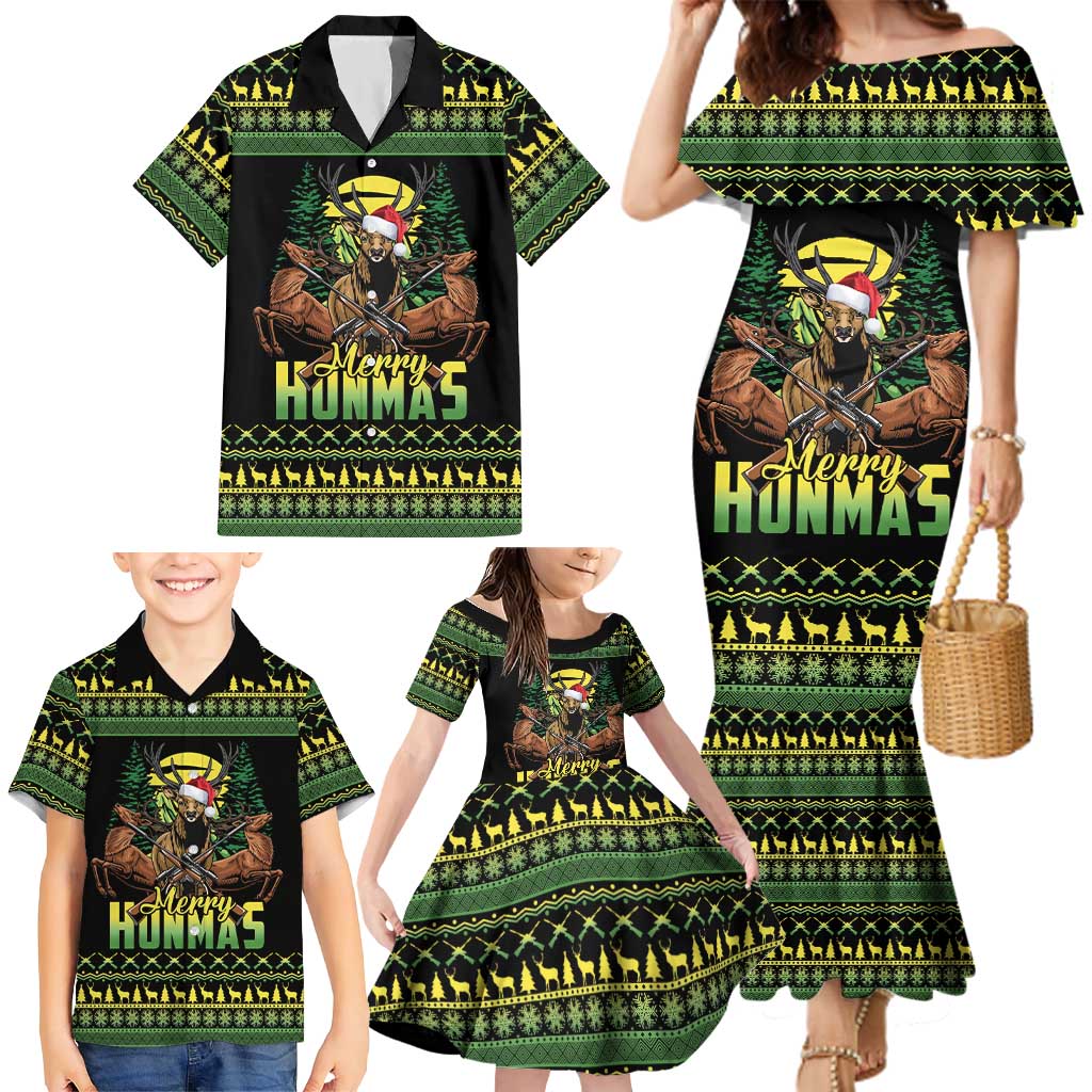 Merry Hunmas Family Matching Mermaid Dress and Hawaiian Shirt Hunter Deer Santa Hat - Wonder Print Shop