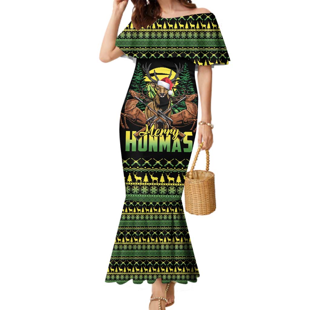 Merry Hunmas Family Matching Mermaid Dress and Hawaiian Shirt Hunter Deer Santa Hat - Wonder Print Shop