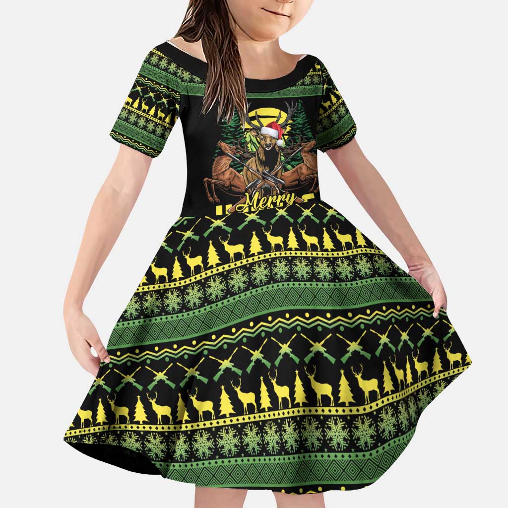 Merry Hunmas Family Matching Off The Shoulder Long Sleeve Dress and Hawaiian Shirt Hunter Deer Santa Hat - Wonder Print Shop