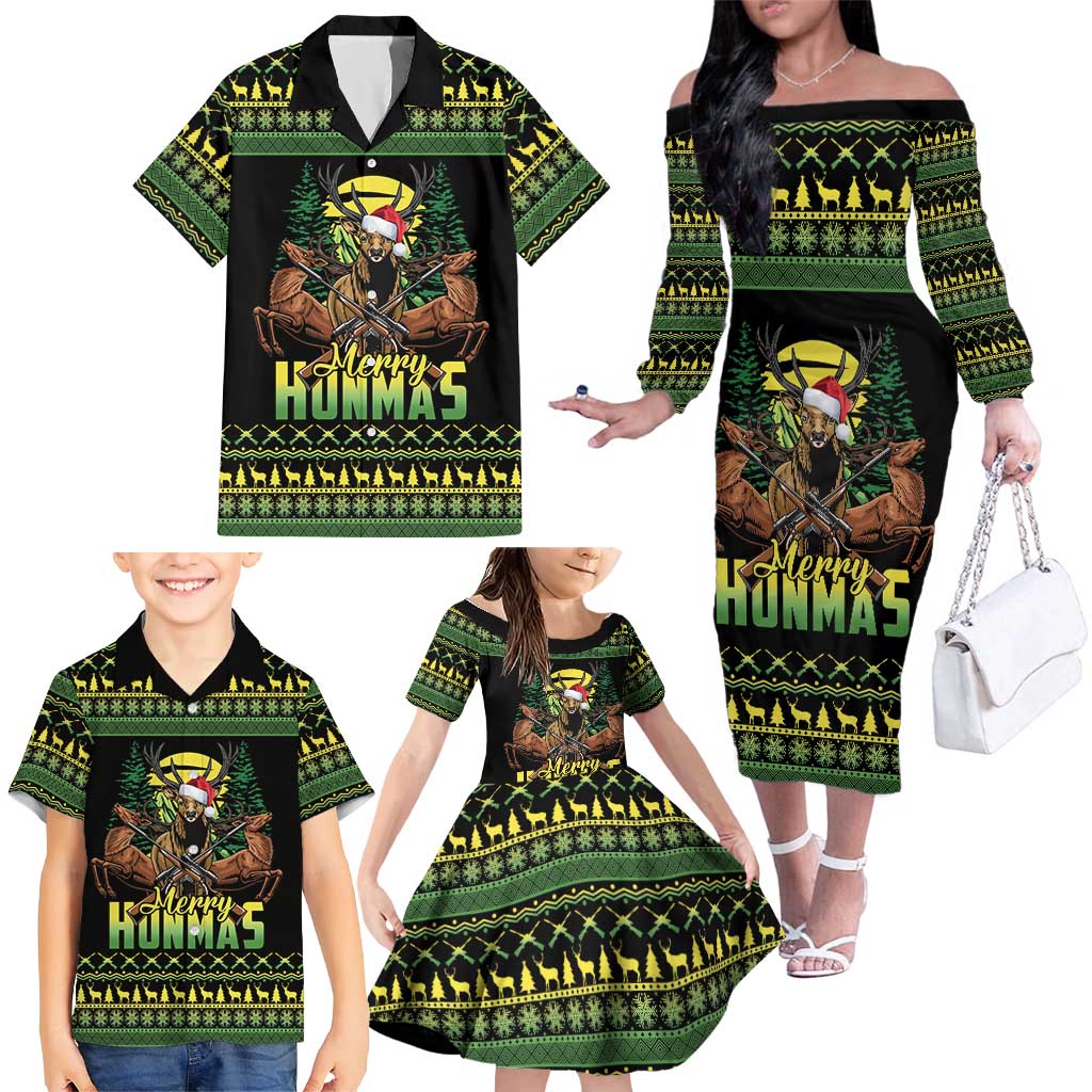 Merry Hunmas Family Matching Off The Shoulder Long Sleeve Dress and Hawaiian Shirt Hunter Deer Santa Hat - Wonder Print Shop