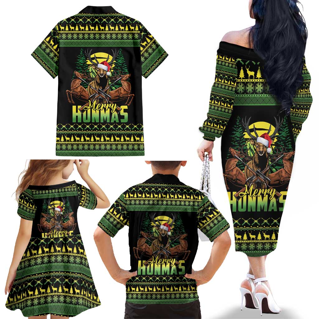 Merry Hunmas Family Matching Off The Shoulder Long Sleeve Dress and Hawaiian Shirt Hunter Deer Santa Hat - Wonder Print Shop