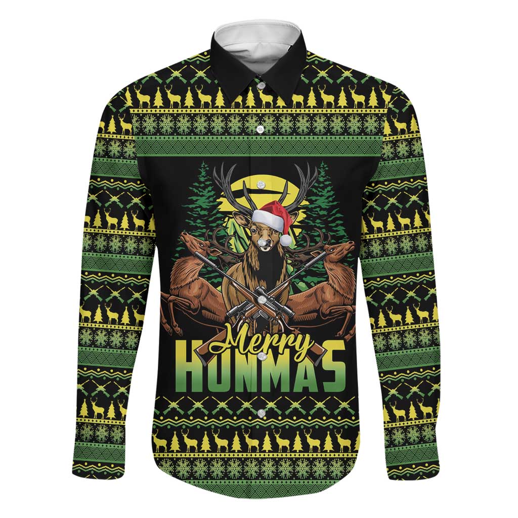 Merry Hunmas Family Matching Off The Shoulder Long Sleeve Dress and Hawaiian Shirt Hunter Deer Santa Hat - Wonder Print Shop