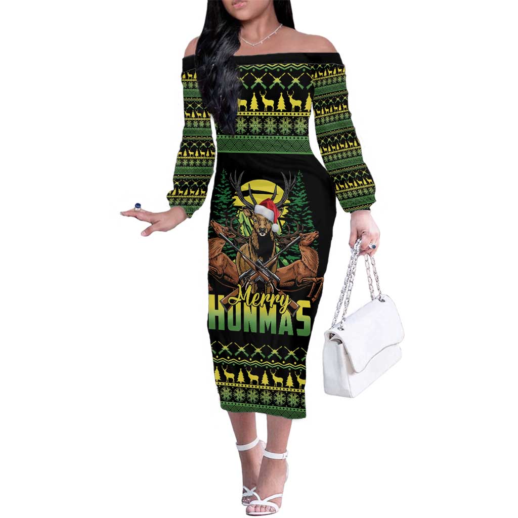 Merry Hunmas Family Matching Off The Shoulder Long Sleeve Dress and Hawaiian Shirt Hunter Deer Santa Hat - Wonder Print Shop