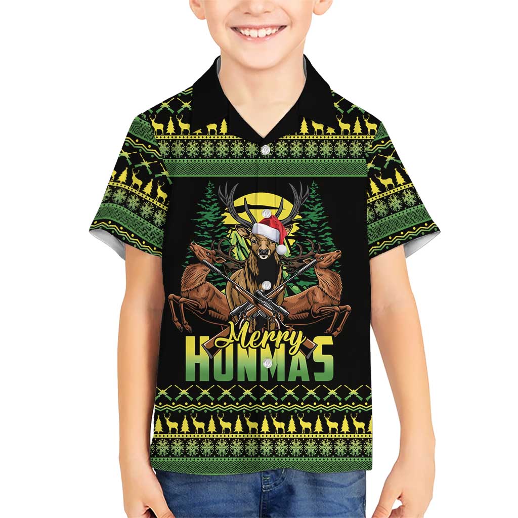Merry Hunmas Family Matching Off The Shoulder Long Sleeve Dress and Hawaiian Shirt Hunter Deer Santa Hat - Wonder Print Shop