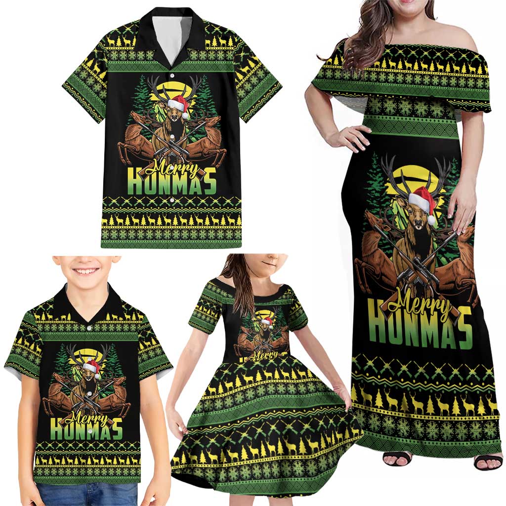 Merry Hunmas Family Matching Off Shoulder Maxi Dress and Hawaiian Shirt Hunter Deer Santa Hat - Wonder Print Shop
