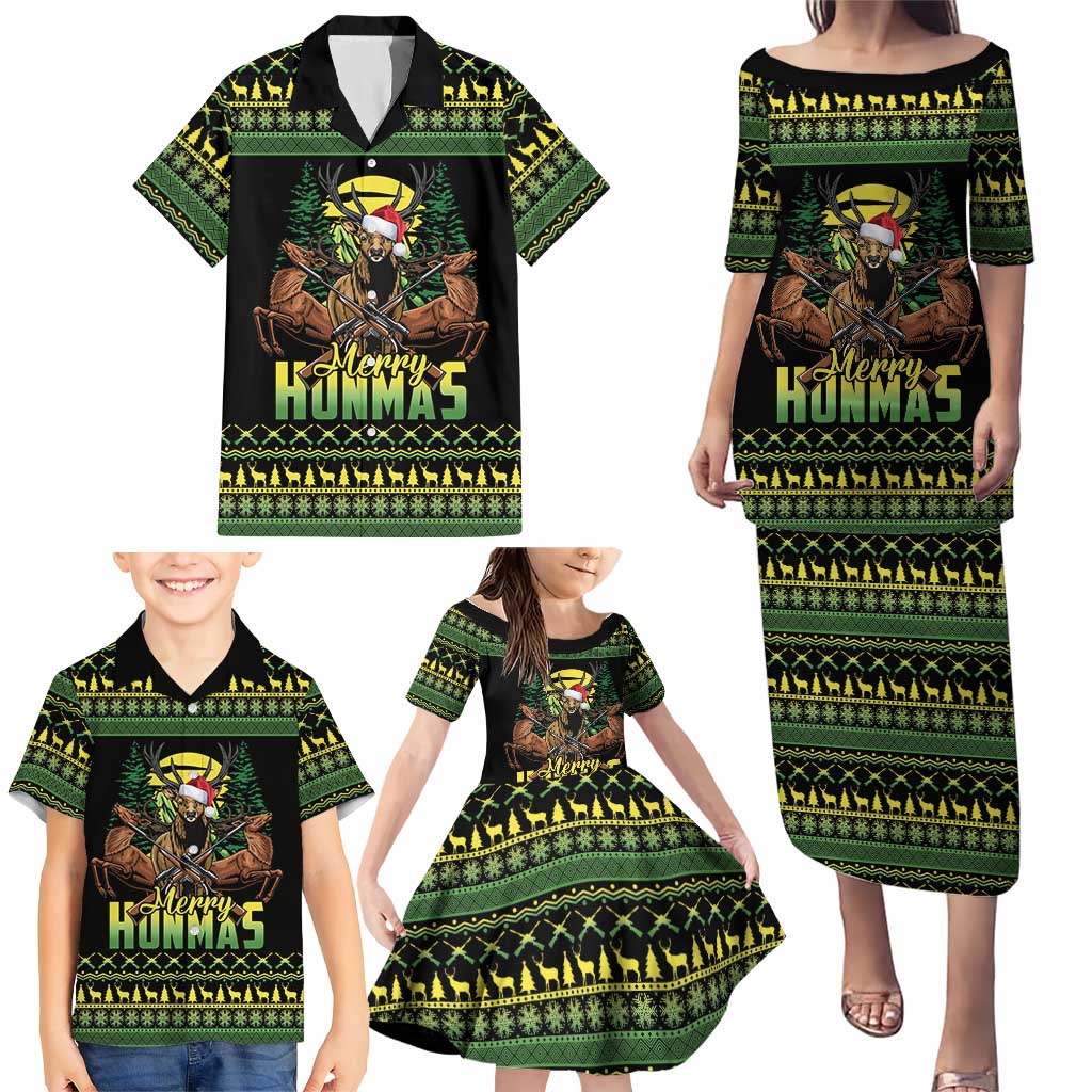 Merry Hunmas Family Matching Puletasi and Hawaiian Shirt Hunter Deer Santa Hat - Wonder Print Shop