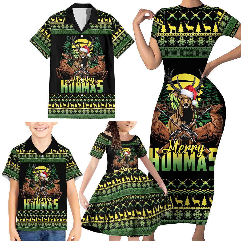 Merry Hunmas Family Matching Short Sleeve Bodycon Dress and Hawaiian Shirt Hunter Deer Santa Hat - Wonder Print Shop
