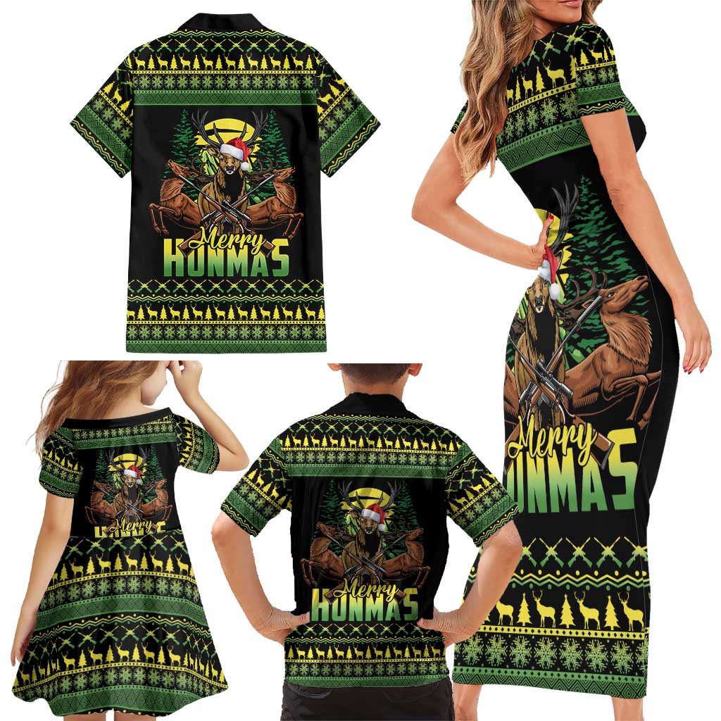 Merry Hunmas Family Matching Short Sleeve Bodycon Dress and Hawaiian Shirt Hunter Deer Santa Hat - Wonder Print Shop