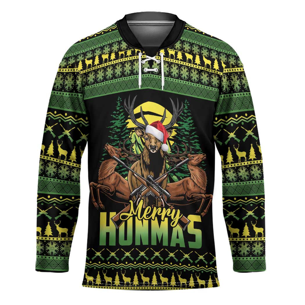 Merry Hunmas Hockey Jersey Hunter Deer Santa Hat - Wonder Print Shop