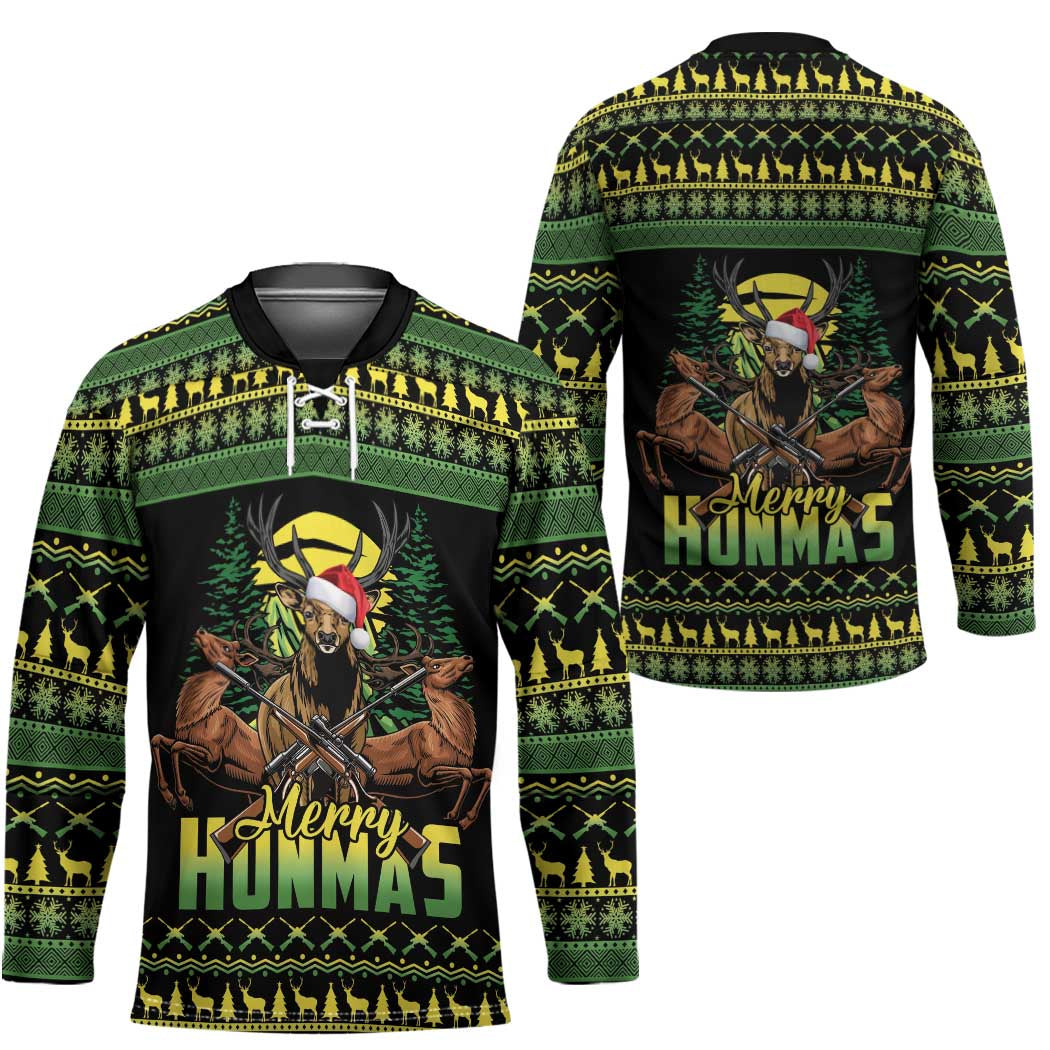 Merry Hunmas Hockey Jersey Hunter Deer Santa Hat - Wonder Print Shop