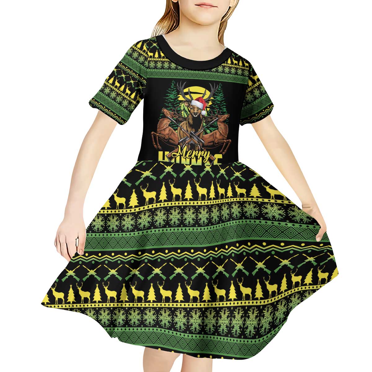 Merry Hunmas Kid Short Sleeve Dress Hunter Deer Santa Hat - Wonder Print Shop