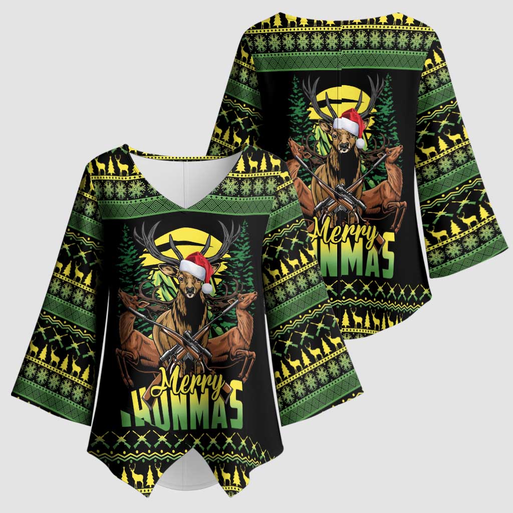 Merry Hunmas Kimono Sleeve Blouse Hunter Deer Santa Hat - Wonder Print Shop