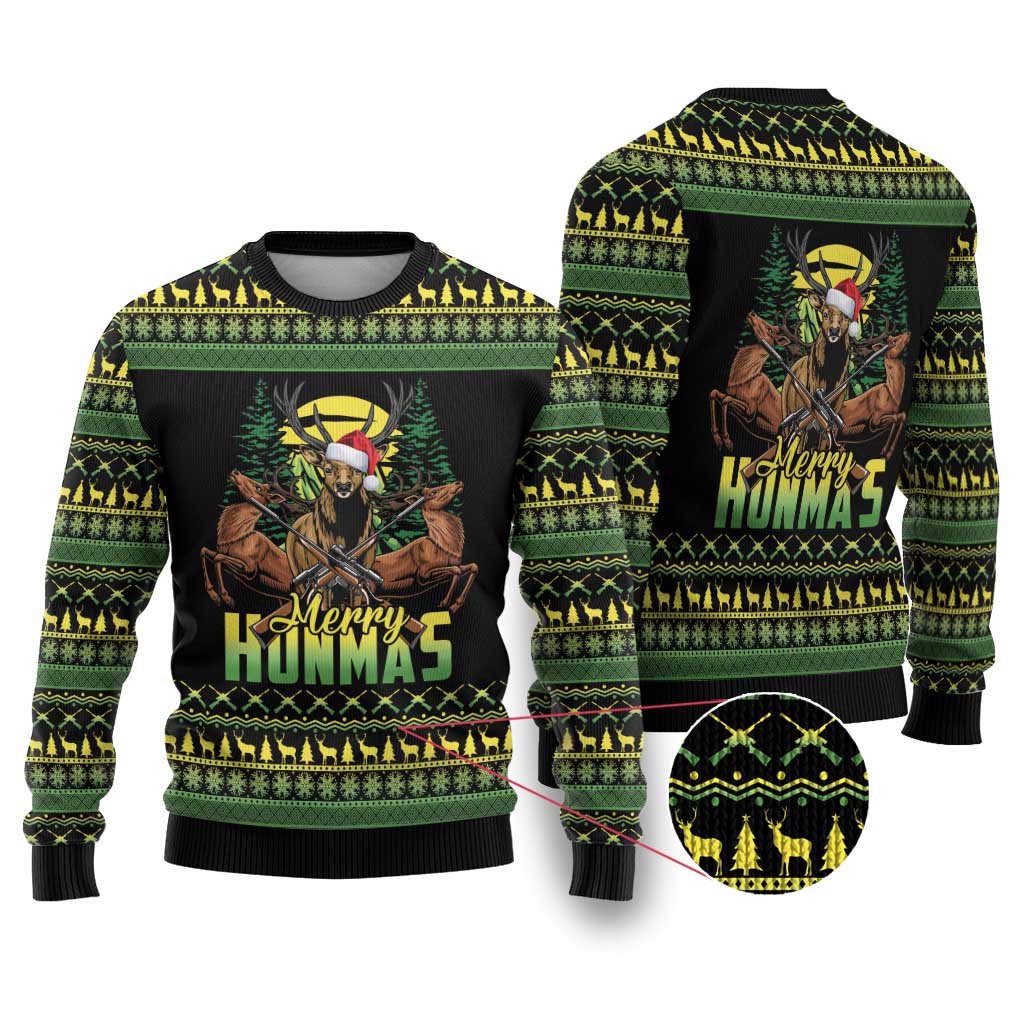 Merry Hunmas Ugly Christmas Sweater Hunter Deer Santa Hat - Wonder Print Shop