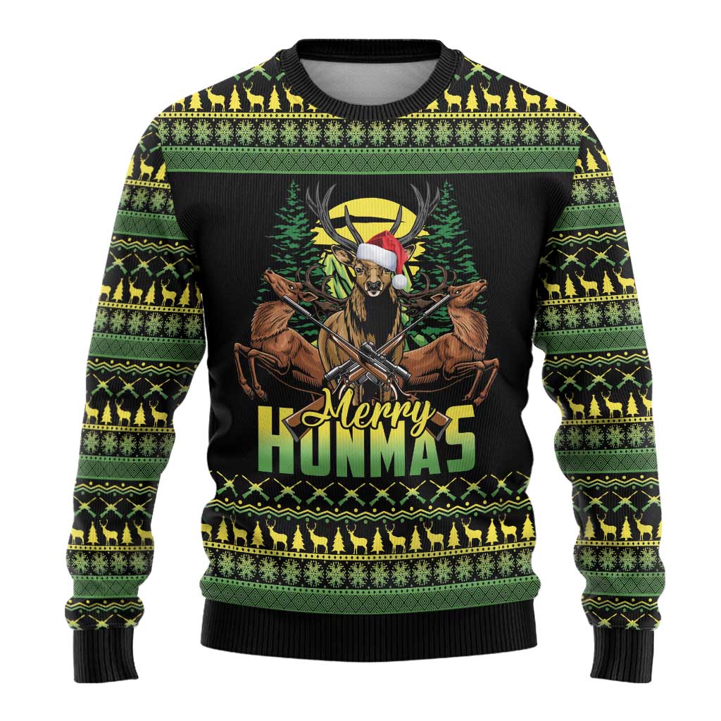 Merry Hunmas Ugly Christmas Sweater Hunter Deer Santa Hat - Wonder Print Shop