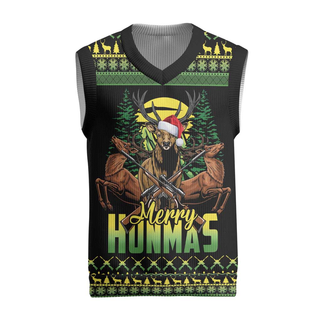Merry Hunmas Christmas Knitted V-Neck Vest Hunter Deer Santa Hat - Wonder Print Shop