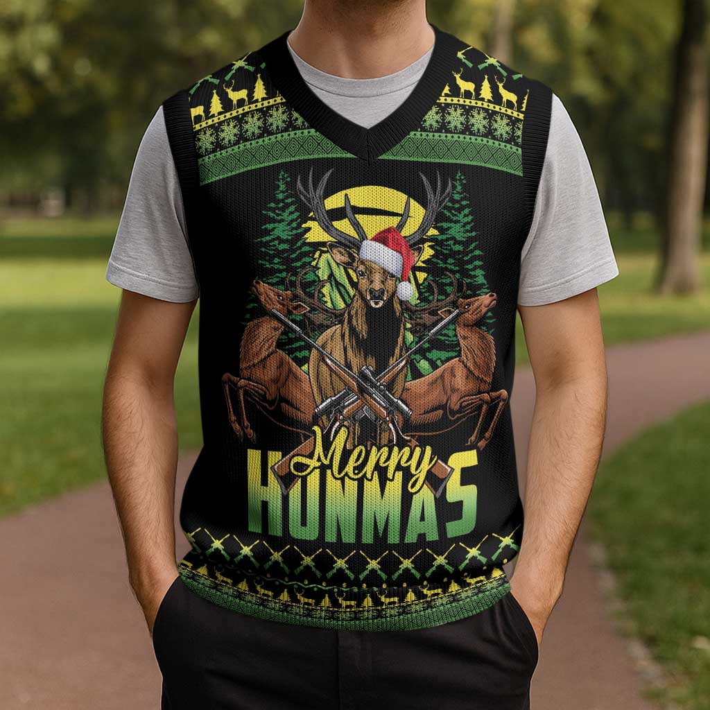 Merry Hunmas Christmas Knitted V-Neck Vest Hunter Deer Santa Hat - Wonder Print Shop