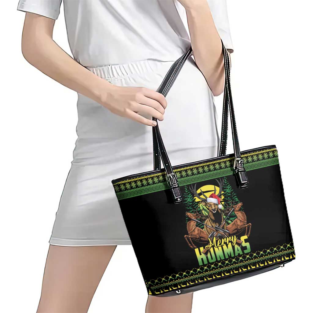 Merry Hunmas Leather Tote Bag Hunter Deer Santa Hat - Wonder Print Shop
