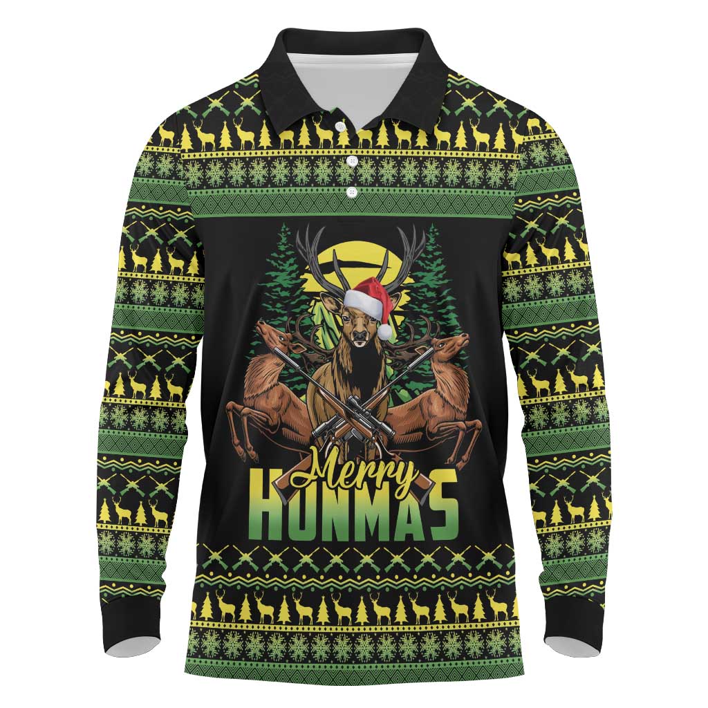 Merry Hunmas Long Sleeve Polo Shirt Hunter Deer Santa Hat - Wonder Print Shop