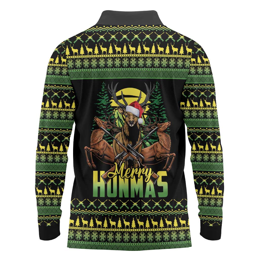 Merry Hunmas Long Sleeve Polo Shirt Hunter Deer Santa Hat - Wonder Print Shop