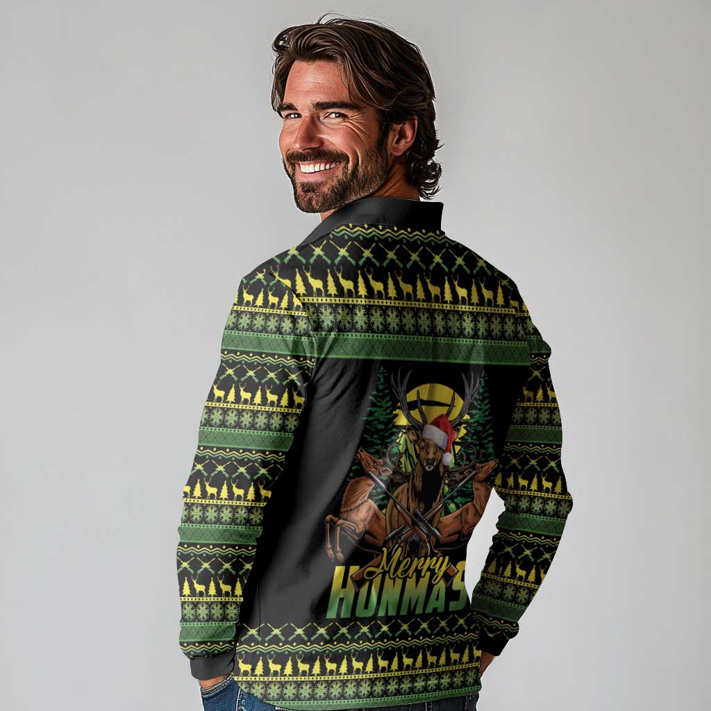 Merry Hunmas Long Sleeve Polo Shirt Hunter Deer Santa Hat - Wonder Print Shop