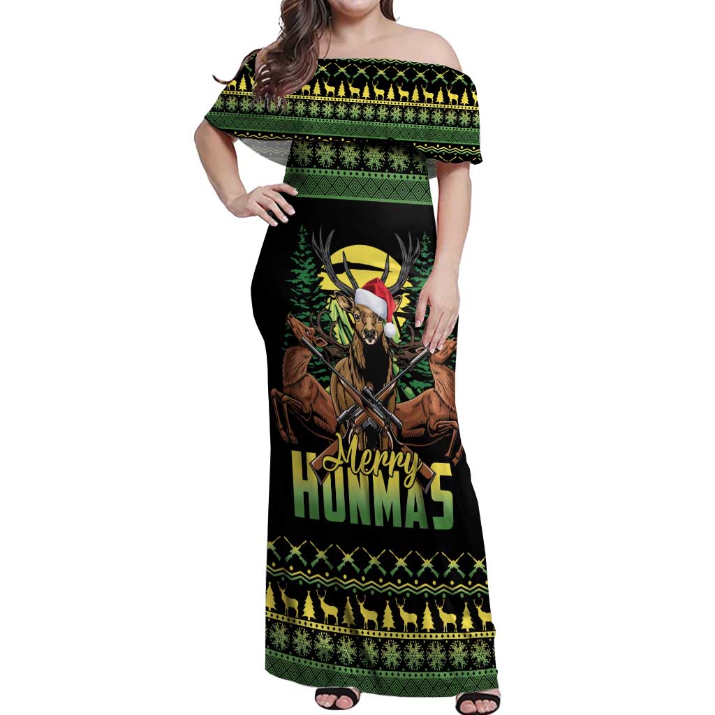 Merry Hunmas Off Shoulder Maxi Dress Hunter Deer Santa Hat - Wonder Print Shop