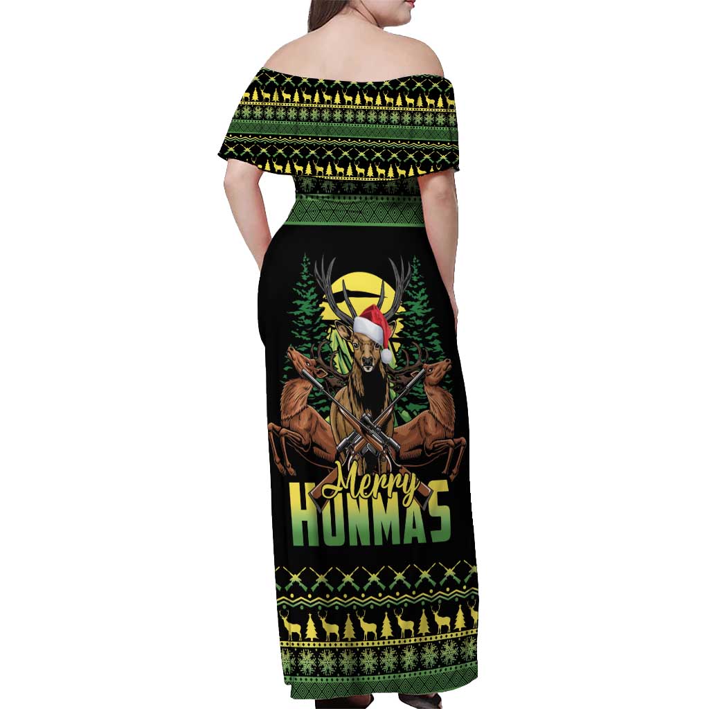 Merry Hunmas Off Shoulder Maxi Dress Hunter Deer Santa Hat - Wonder Print Shop