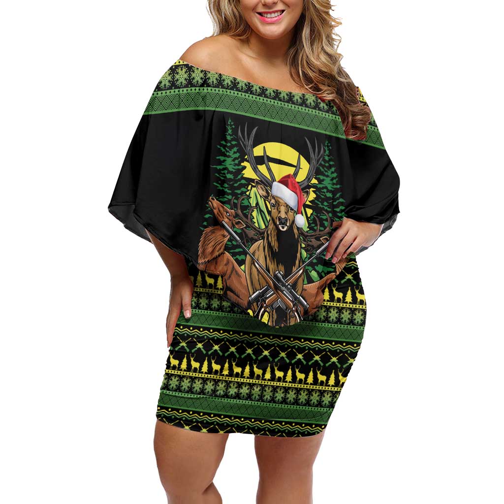 Merry Hunmas Off Shoulder Short Dress Hunter Deer Santa Hat - Wonder Print Shop