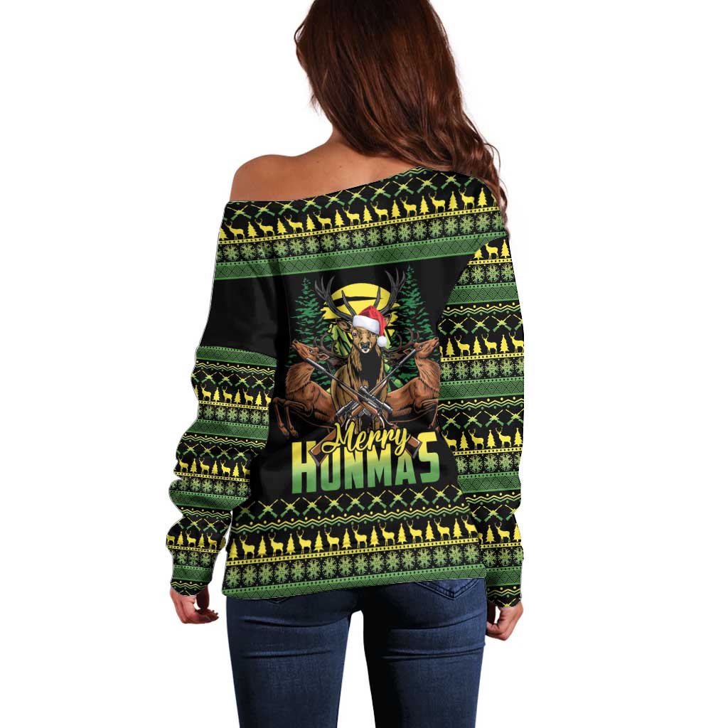 Merry Hunmas Off Shoulder Sweater Hunter Deer Santa Hat - Wonder Print Shop