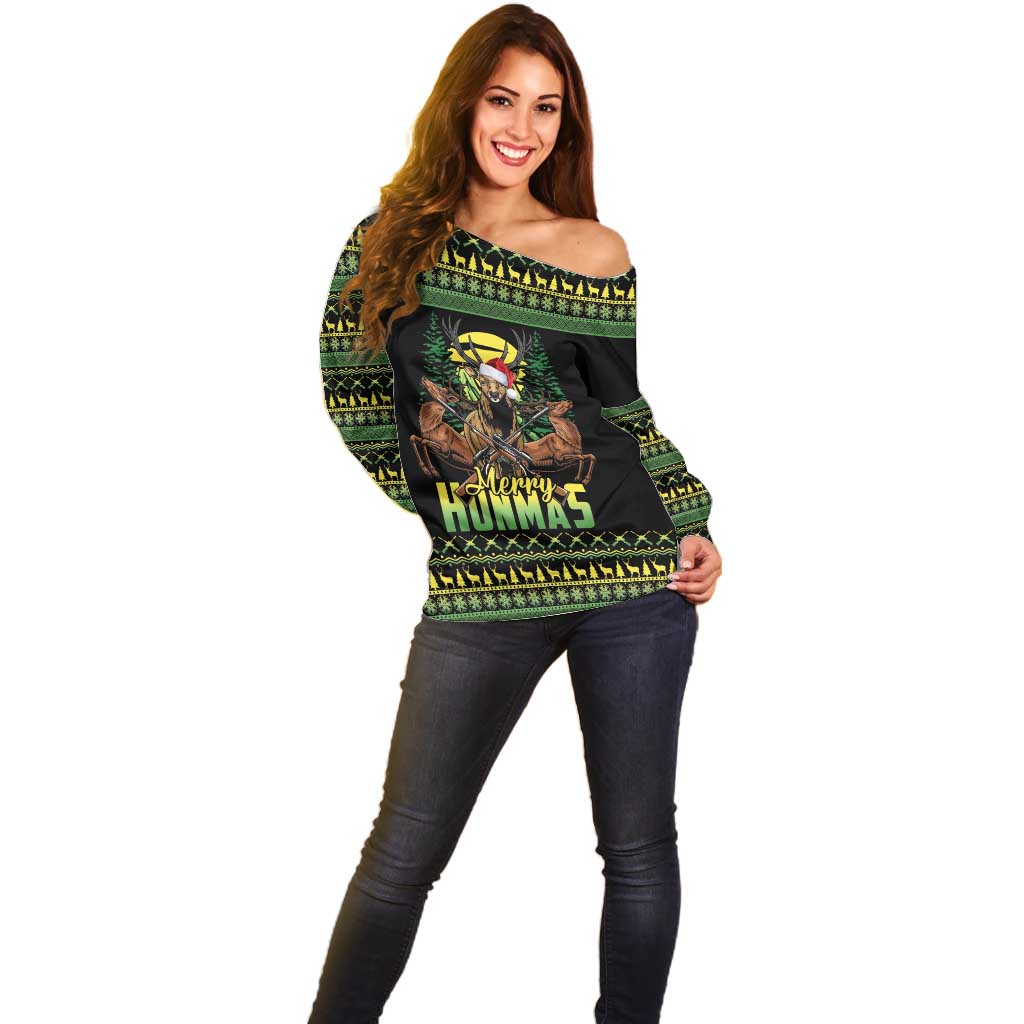 Merry Hunmas Off Shoulder Sweater Hunter Deer Santa Hat - Wonder Print Shop