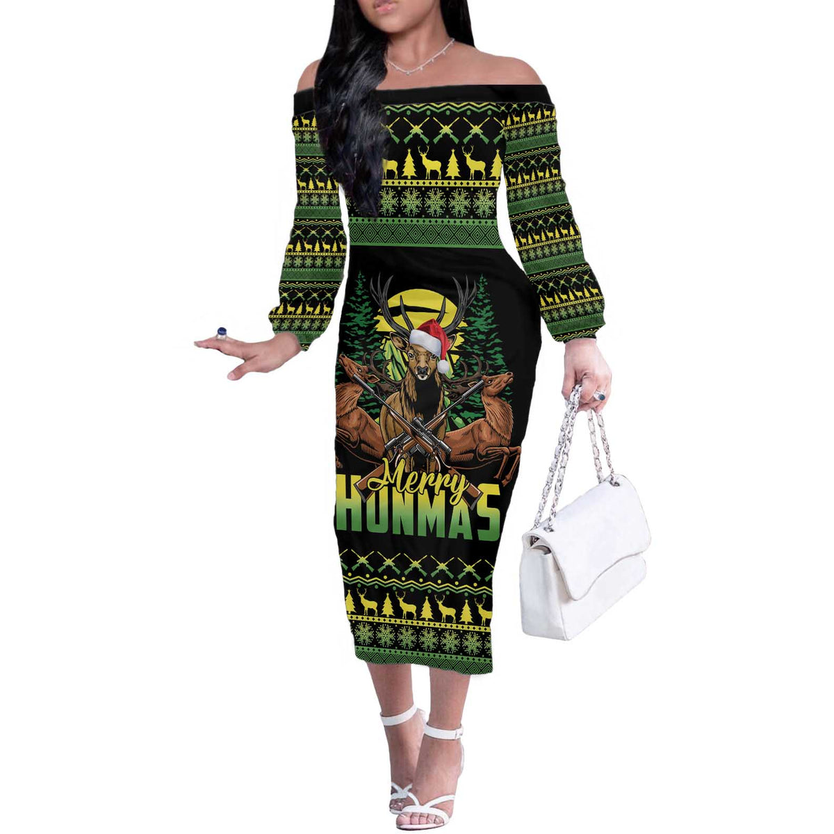 Merry Hunmas Off The Shoulder Long Sleeve Dress Hunter Deer Santa Hat - Wonder Print Shop