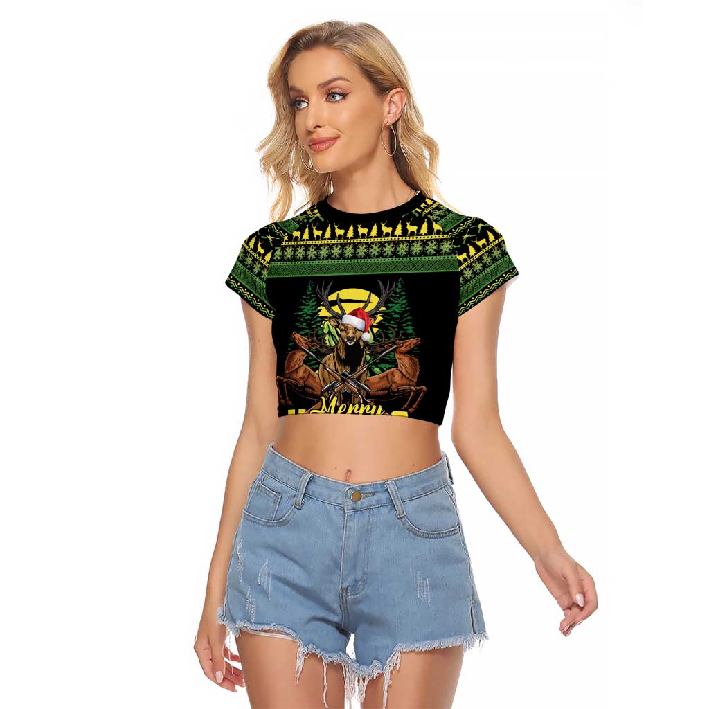 Merry Hunmas Raglan Cropped T Shirt Hunter Deer Santa Hat - Wonder Print Shop