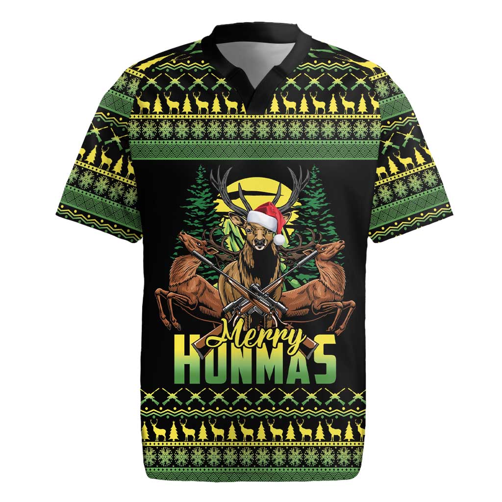 Merry Hunmas Rugby Jersey Hunter Deer Santa Hat - Wonder Print Shop