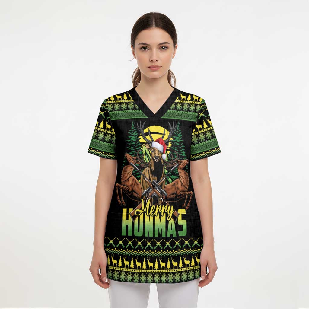 Merry Hunmas Scrub Top Hunter Deer Santa Hat - Wonder Print Shop