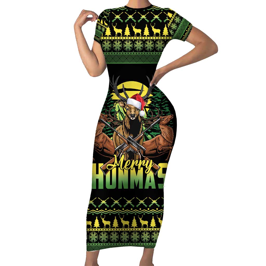 Merry Hunmas Short Sleeve Bodycon Dress Hunter Deer Santa Hat - Wonder Print Shop